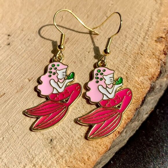 Nautical Pink Seashore Beach Mythical Mermaid Cute Chic Drop Earrings - Picture 3 of 3